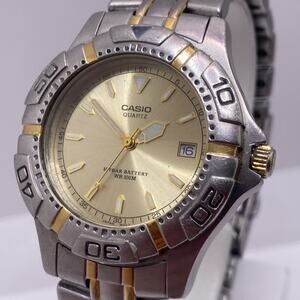 Casio Mens Silver Gold Date Watch Works New Battery